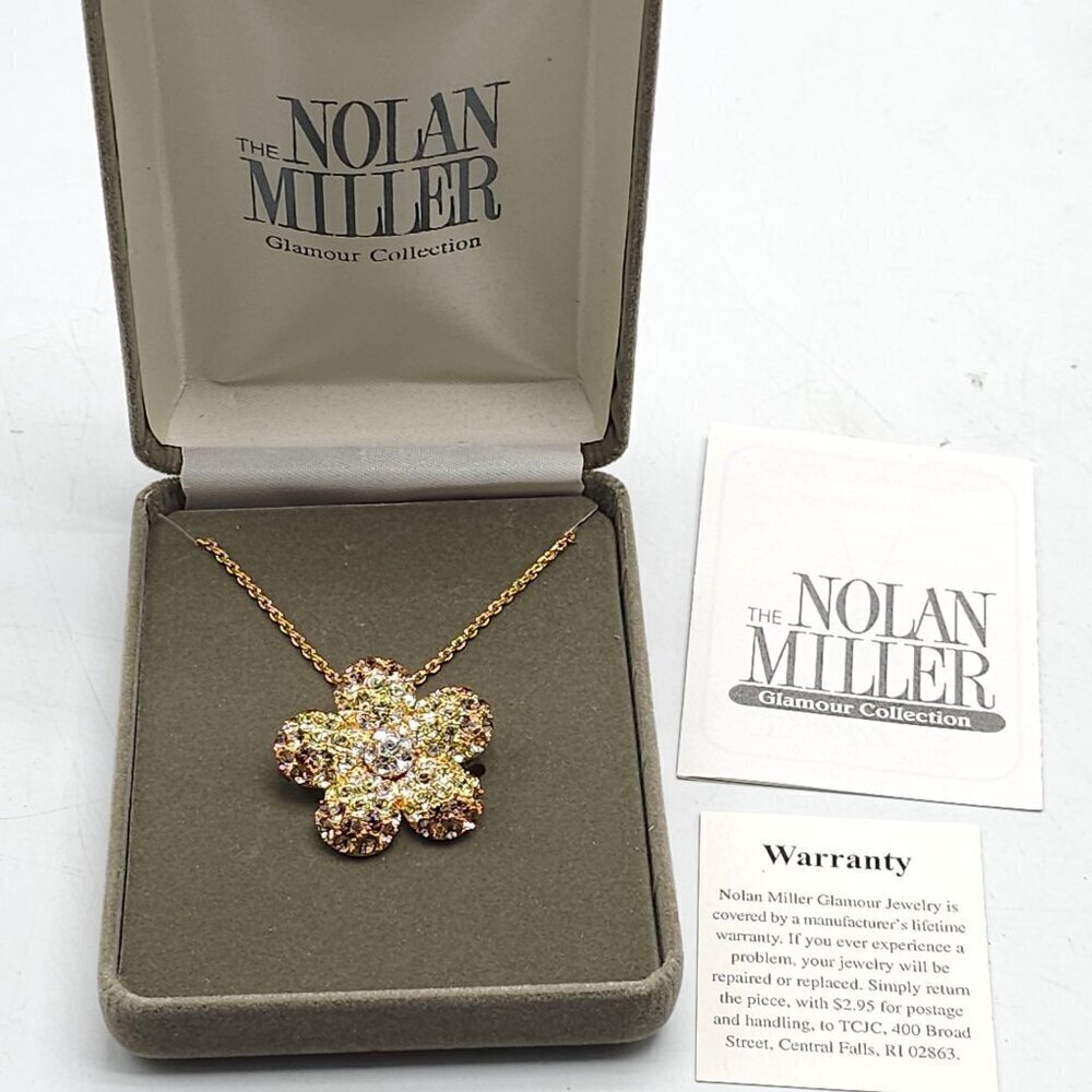 Nolan Miller Yellow Brown Rhinestone Pave Flower Brooch Necklace in Box Glamour